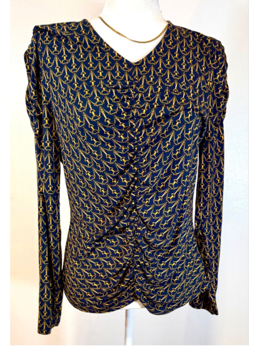 Veronica Beard Navy Gold Horse Bit Long Sleeve blouse touched L